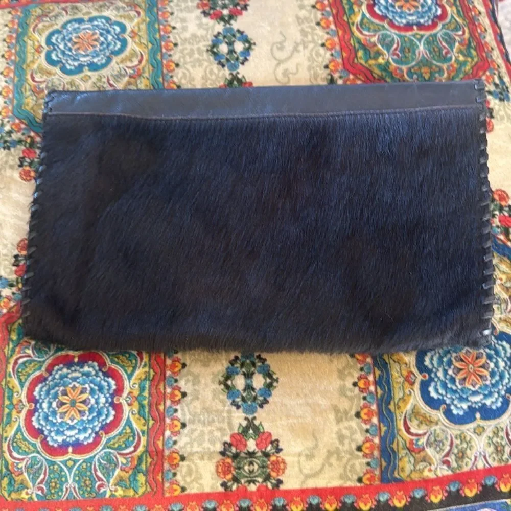 NICOLE MILLER black pony hair clutch with gold triangle leather - Picture 2 of 9
